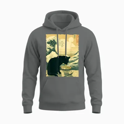 Funny Cat Ramen Great Wave off Kanagawa Illustration Anime Cat Unisex Hoodie - Graphite Heather