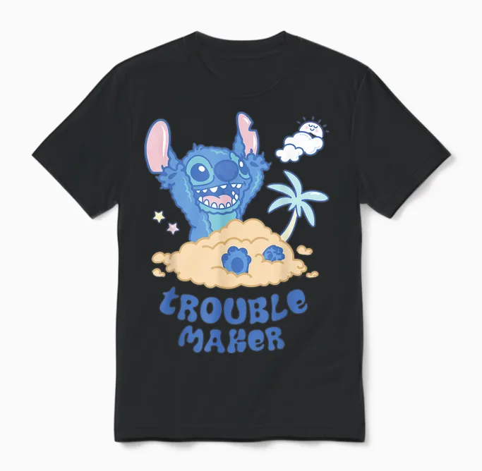 Disney Stitch Fluffy Summer Beach Sand Pile "trouble Maker" Unisex T-Shirt in Black