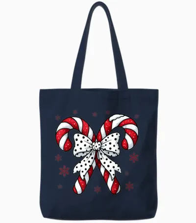 Candy Cane Christmas Season Girls Womens Retro Coquette Bow Tote Bags - Navy