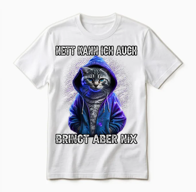 T-Shirt with German Text "nett Kann Ich Auch Bringung Aber Nix" [nett Kann Ich Auch Bring, Aber Nix, Black Unisex T-Shirt in White
