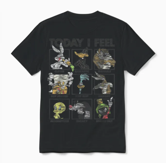 Looney Tunes Today I Feel Distressed Character Box Ups Unisex T-Shirt in Black