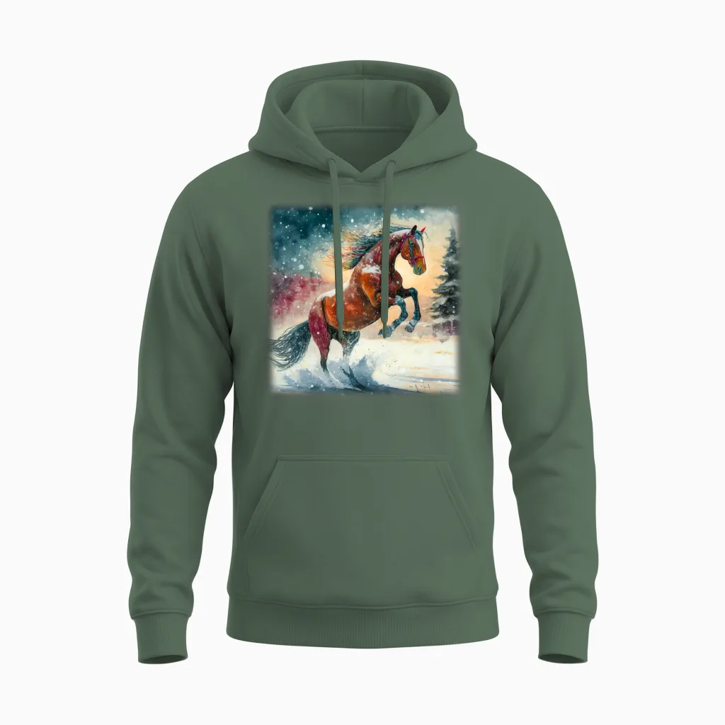 Horse in Snow Lovers Gift Unisex Hoodie in Military Green