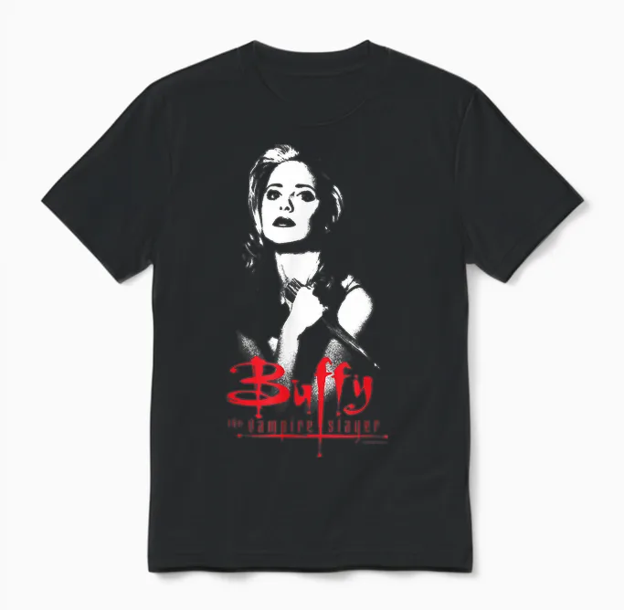 Buffy the Vampire Slayer Buffy Summers Distressed Hero T-Shirt, Black Unisex T-Shirt in Black