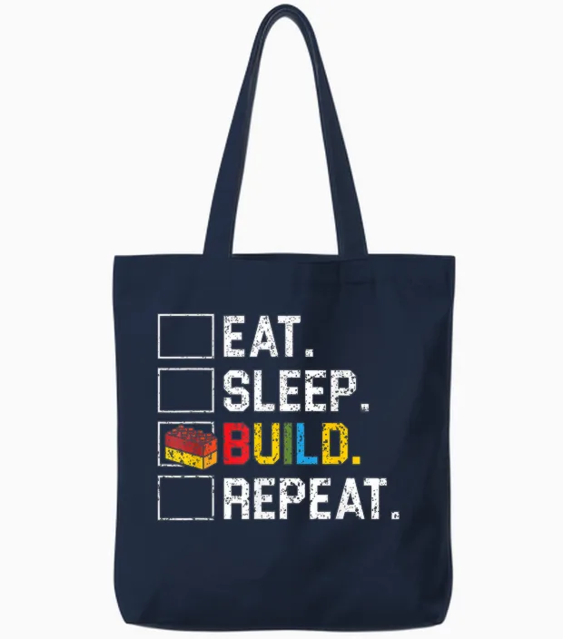 Eat Sleep Build Repeat Master Builder Bricks Blocks Tote Bags in Navy