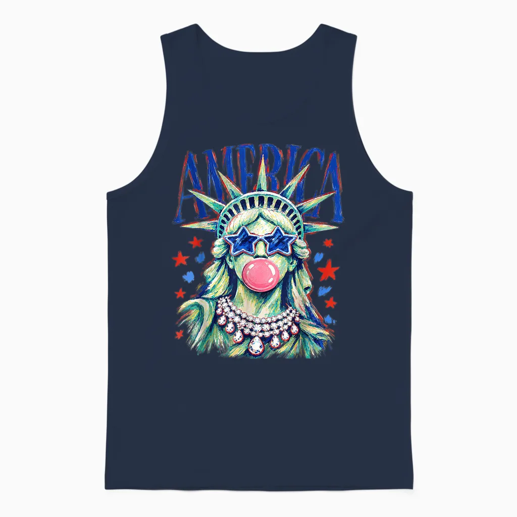 Statue of Liberty Blowing Bubble Preppy Brushstroke Usa Unisex Tank Top in Navy
