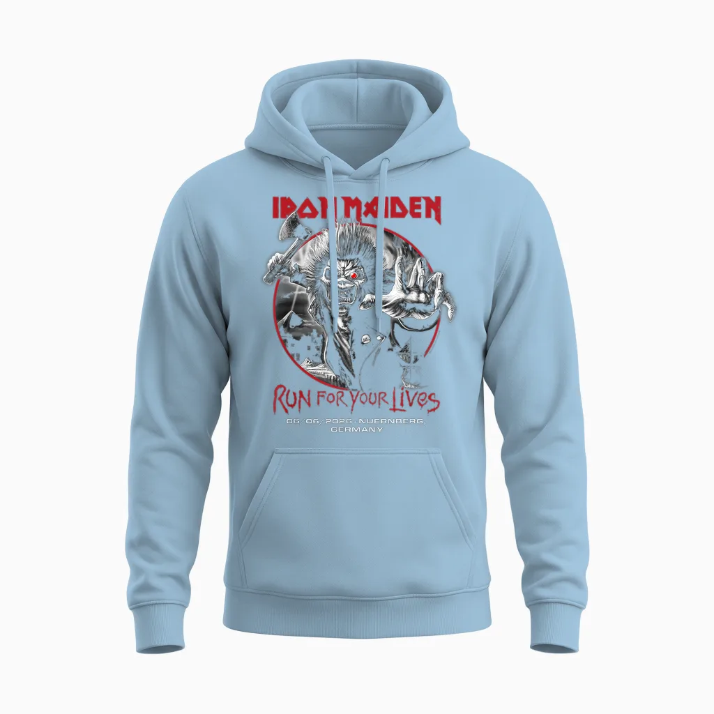 Iron Maiden Run for Your Lives Tour 2026 Nuernberg Unisex Hoodie in Light Blue