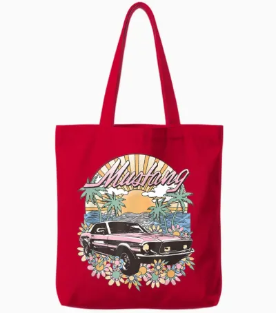 Ford – Vintage Pink Mustang Floral Beach Sunset Palm Trees T-Shirt, White, S Tote Bags - Red