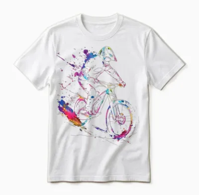 Cycling Splash Art Bicycle Mountain Biker Man Boy T-Shirt, Black, S Unisex T-Shirt - White