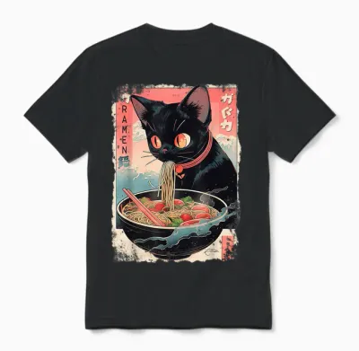 Cat Ramen Noodle Japanese Anime Manga Ramen Kawaii Cat T-Shirt, Black Unisex T-Shirt - Black