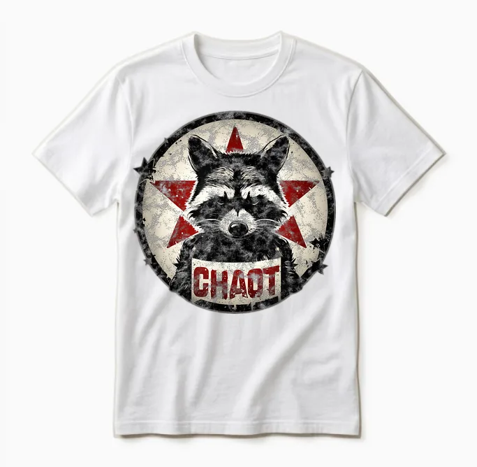 Raccoon Chaos Anarchy Star Fighter Revolution Vintage T-Shirt, Black Unisex T-Shirt in White