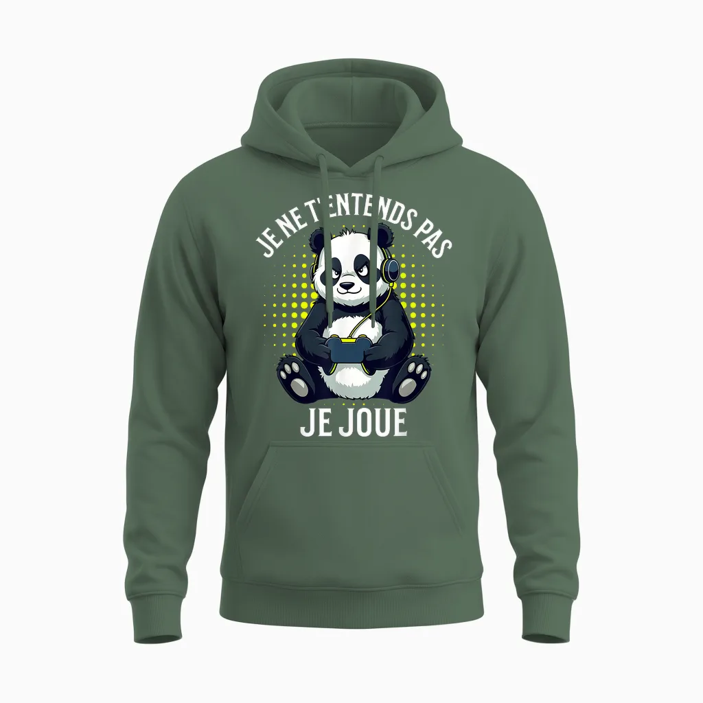 Video Games Panda Gaming Boy Gamer T-Shirt, Black, S Unisex Hoodie in Military Green