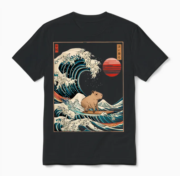 Capybara Cabybara Japanese Wave for Men, Women, Unisex T-Shirt in Black