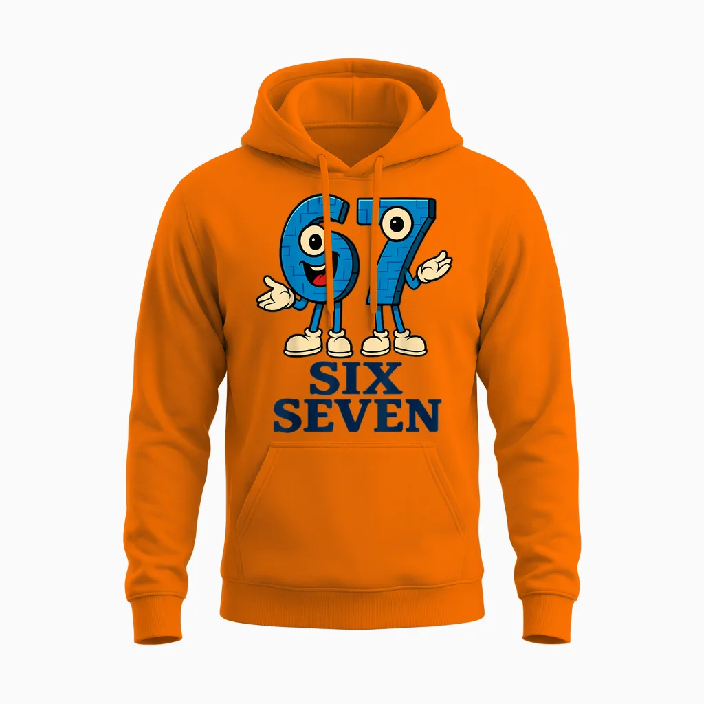 67 Six Seven 6-7 - Funny Italian Brainrot Kids Gaming Meme Unisex Hoodie in Safety Orange