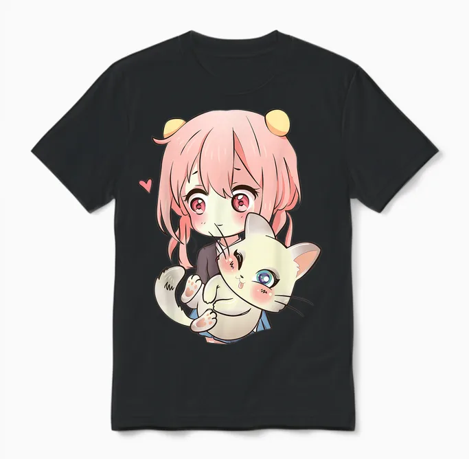 Anime and Cats Lover for Teen Manga Kawaii Graphic Otaku Unisex T-Shirt in Black