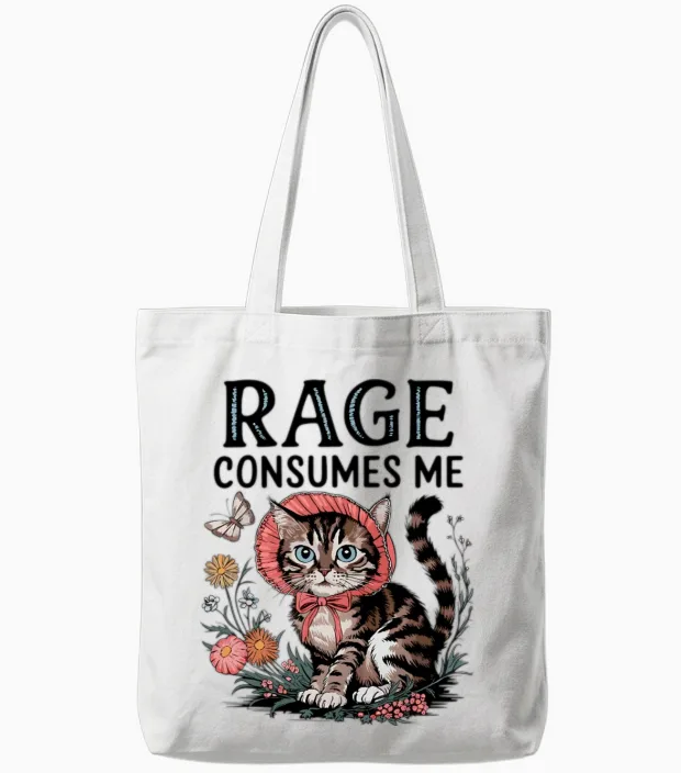 Rage Consumes Me Funny Cat Meme Tote Bags in White