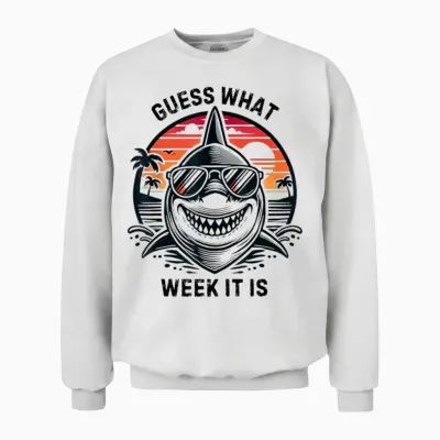 Vintage Shark 2025 Week Guess What Week It Is Shark Lover Unisex Sweatshirt - White