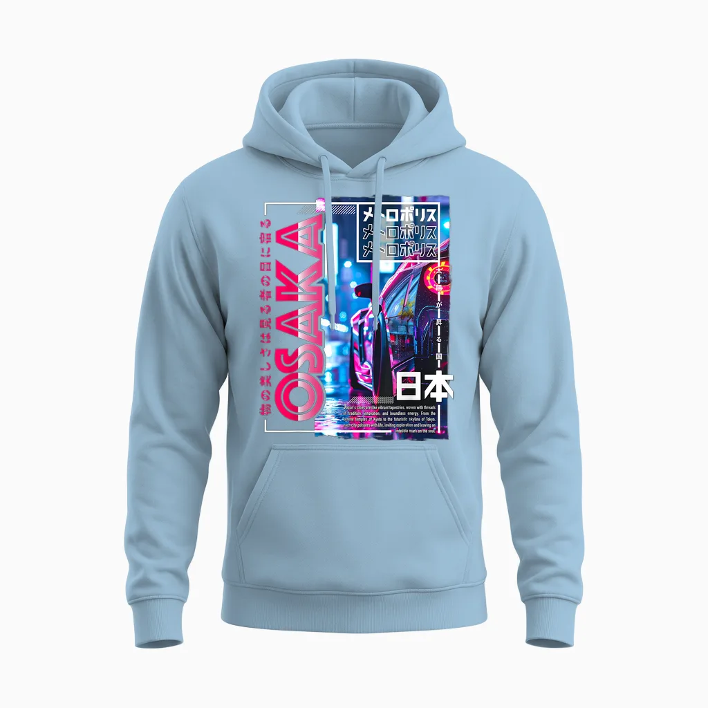 Osaka City 80s Synthwave Racing Car Japan Osaka Unisex Hoodie in Light Blue