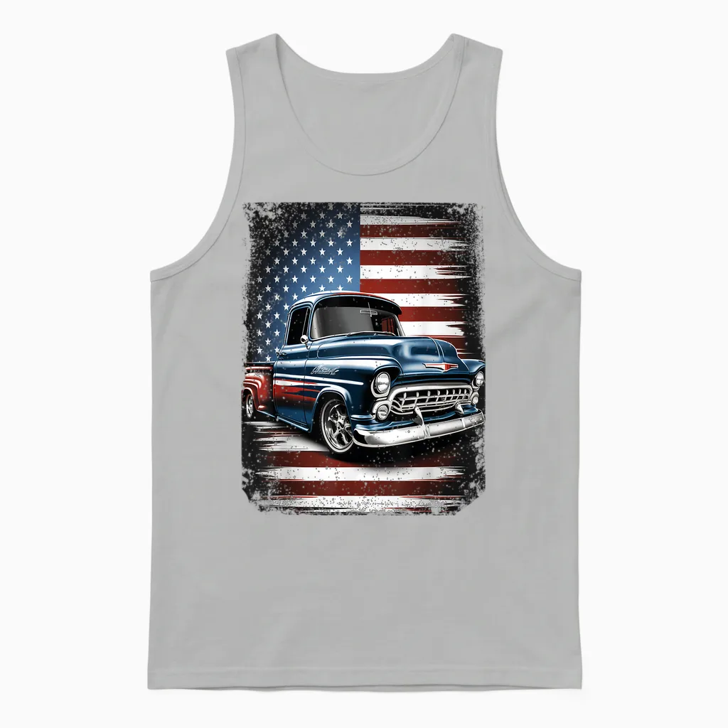 Classic Old Pickup Truck American Flag 4th of July Patriotic Unisex Tank Top in Ash