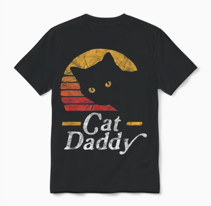 Cat Daddy Vintage Eighties Style Cat Retro Distressed Unisex T-Shirt in Black