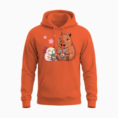 Axolotl and Capybara Drinking Bubble Tea Kawaii Girls' Children's Unisex Hoodie - Orange