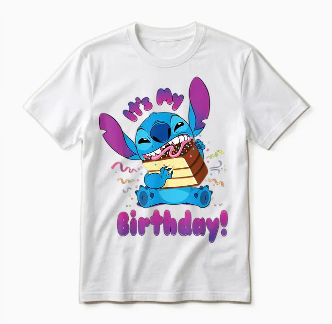Disney Stitch "it's My Birthday" Party Crasher with Cake Unisex T-Shirt in White