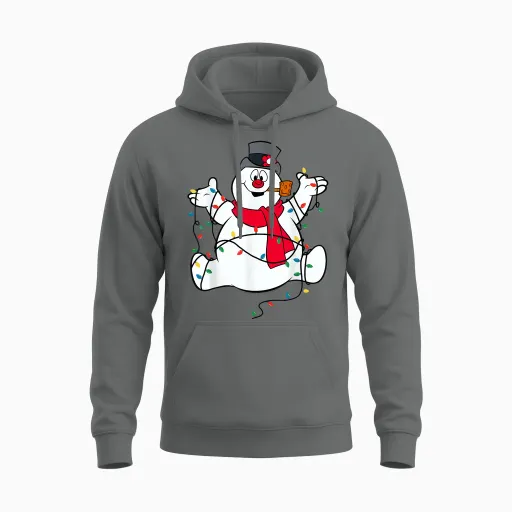 Frosty the Snowman Christmas Lights Portrait Short Sleeve Unisex Hoodie - Graphite Heather