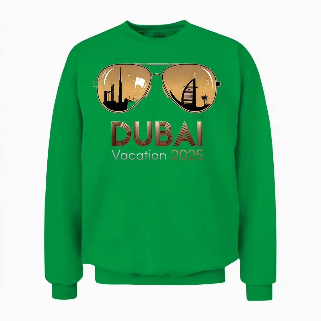 Dubai 2025 Vacation Sunset Desert Adventure Apparel Unisex Sweatshirt in Irish Green