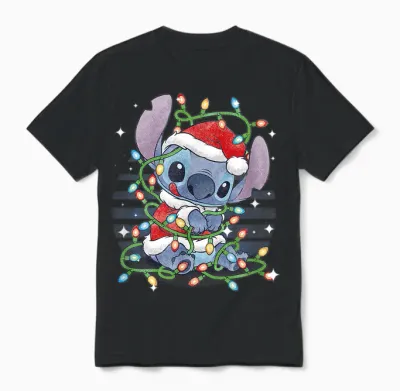 Disney Lilo & Stitch Christmas Tangled Lights Portrait Unisex T-Shirt - Black