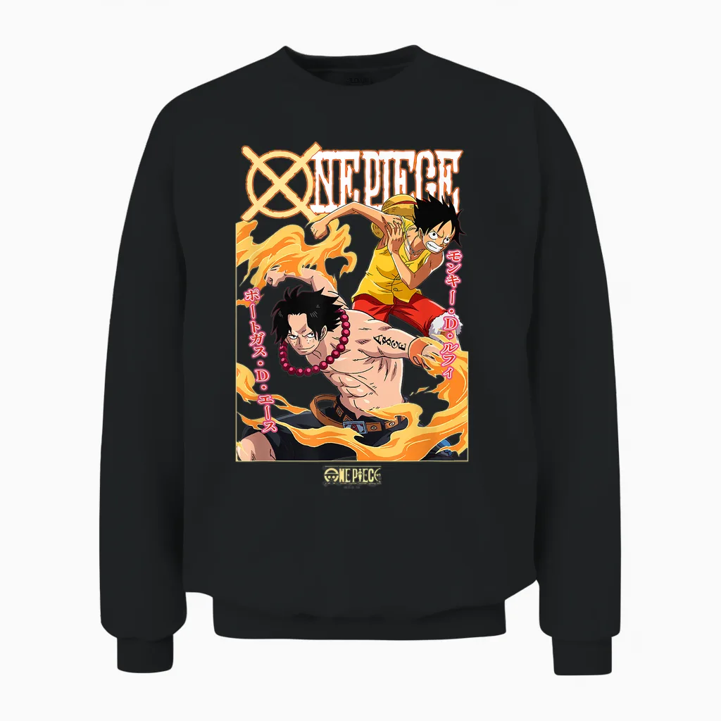 One Piece Anime Ace and Luffy Team Up Kanji Unisex Sweatshirt in Black