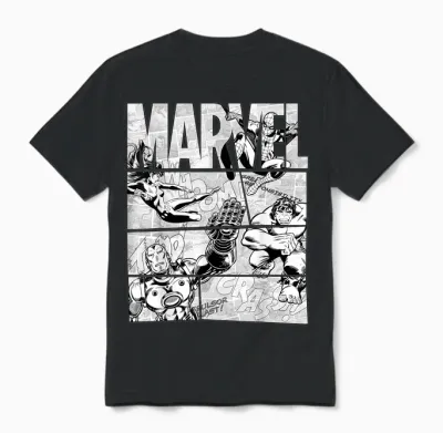 Marvel Avengers Retro Black and White Comic Graphic Short Sleeve Unisex T-Shirt - Black