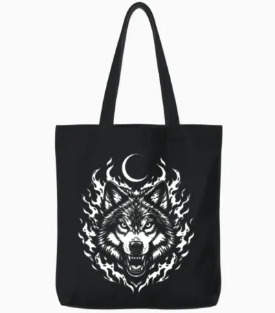 Lupine Flame Moon Wolf Tote Bags - Black