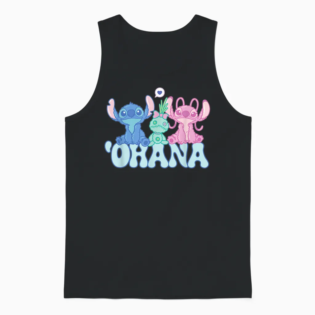 Disney Stitch with Angel & Scrump Fluffy Cute 'ohana Unisex Tank Top in Black