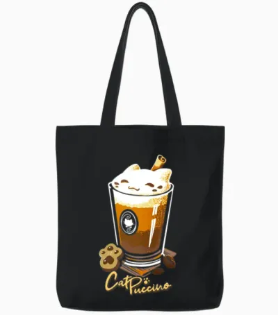 Funny Cat Cappuccino Tote Bags - Black