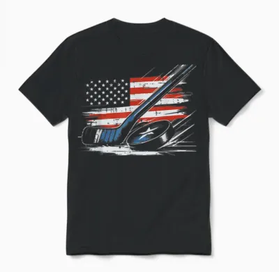4th of July Ice Hockey Stick Puck Us Flag Men Boys Unisex T-Shirt - Black