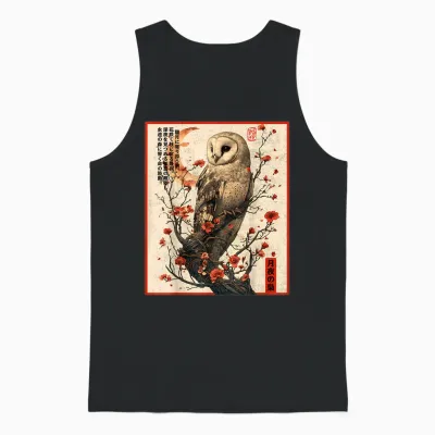 Japanese Moonlight Night Owl Ukiyo-E Gothic Graphic T-Shirt, Black, S Unisex Tank Top - Black