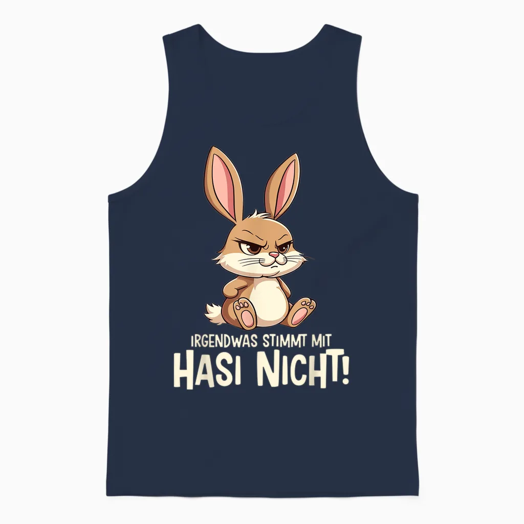 T-Shirt with "irgendwas Stimmt Mit Hasi Nicht Kaninchen Hase Böses Hasi", Black, S Unisex Tank Top in Navy