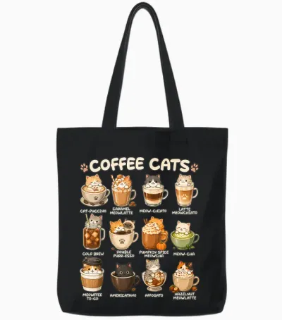 Kawaii Coffee Cats Cappuccino, Niedliches Katzen-Café-Design, Anime-Design Tote Bags - Black
