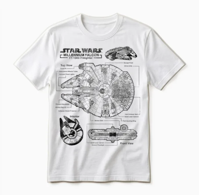 Star Wars Millennium Falcon T-Shirt with Detailed Schematics T-Shirt, Gray, S Unisex T-Shirt in White