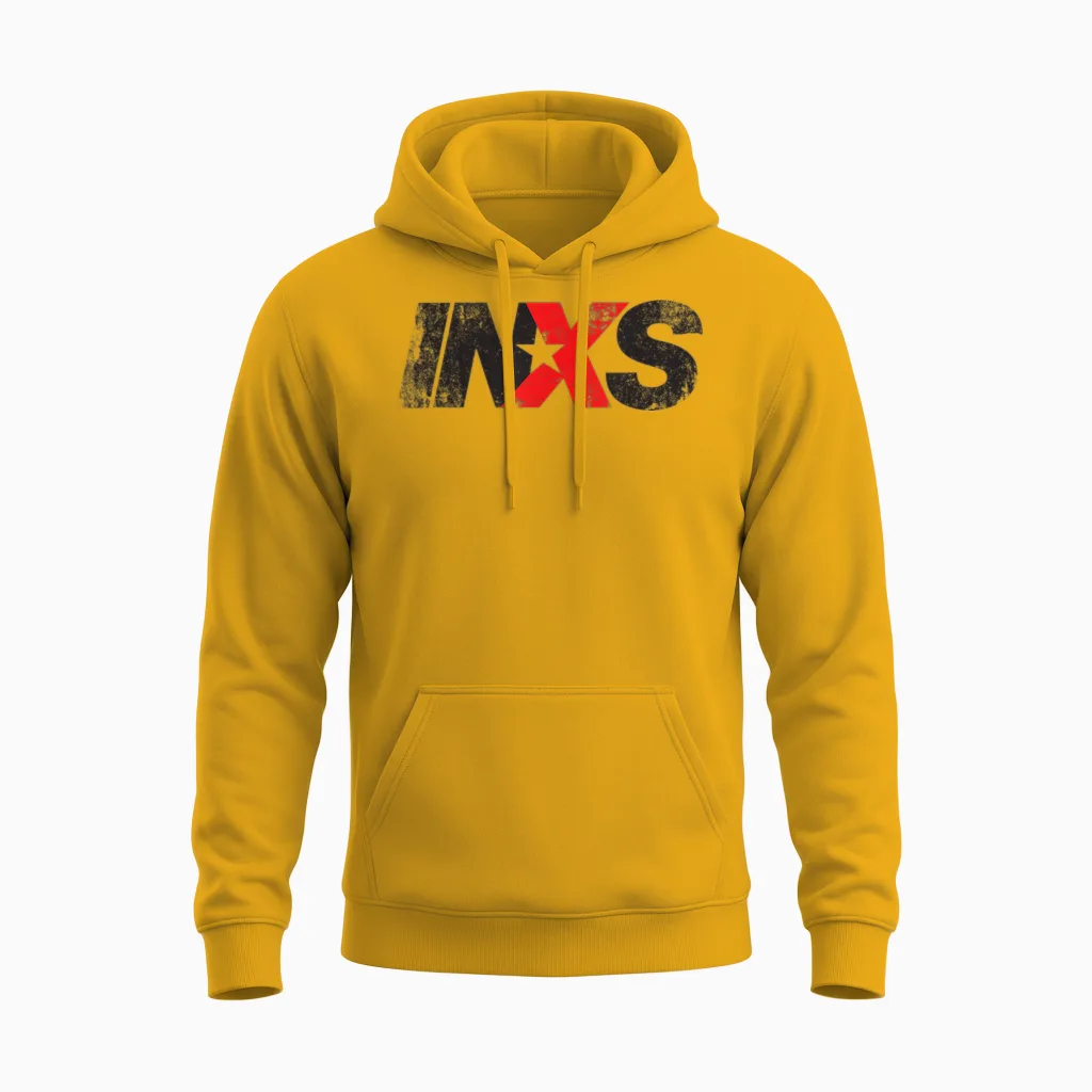 Inxs β Distressed Logo on White Unisex Hoodie in Gold