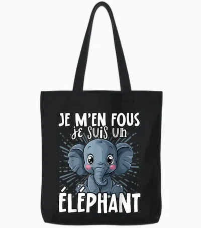 Je M'en Fous Je Suis Un Elephant - Sweet Elephant T-Shirt, Black, S Tote Bags - Black