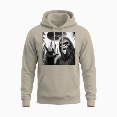 Funny Sasquatch Bigfoot Rock on Selfie with Ufo Alien Unisex Hoodie - Sand