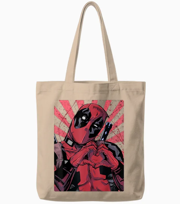 Marvel Deadpool Heart Hands T-Shirt, Black, S Tote Bags in Natural