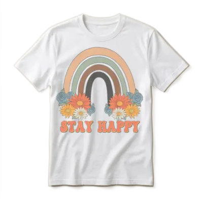 Stay Happy, Groovy, Retro, Unisex T-Shirt - White