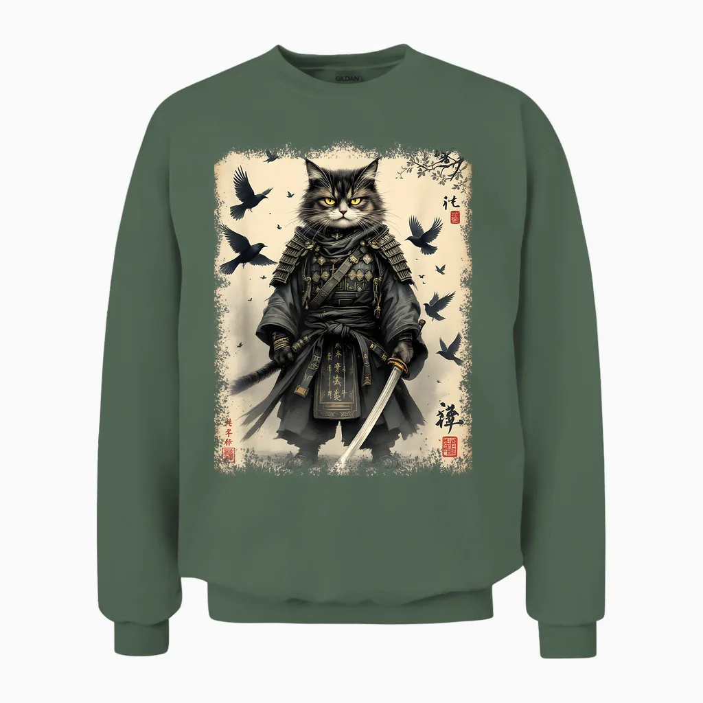 Samurai Cat, Japanese Warrior | Vintage Anime and Samurai Art T-Shirt, Black, S Unisex Sweatshirt in Military Green