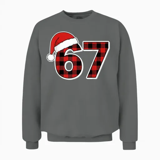 67 Meme Funny Christmas Red Plaid Xmas Pajamas Slang Unisex Sweatshirt - Graphite Heather