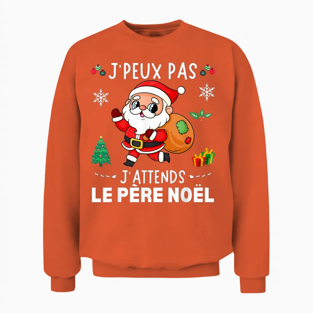 J'peux Pas J'attends Le Père Noël Funny Merry Christmas T-Shirt, Black, S Unisex Sweatshirt in Orange