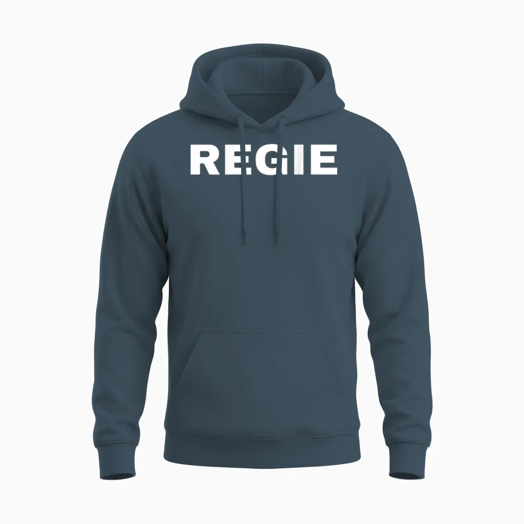 Regie (back) T-Shirt, Black Unisex Hoodie in Dark Heather