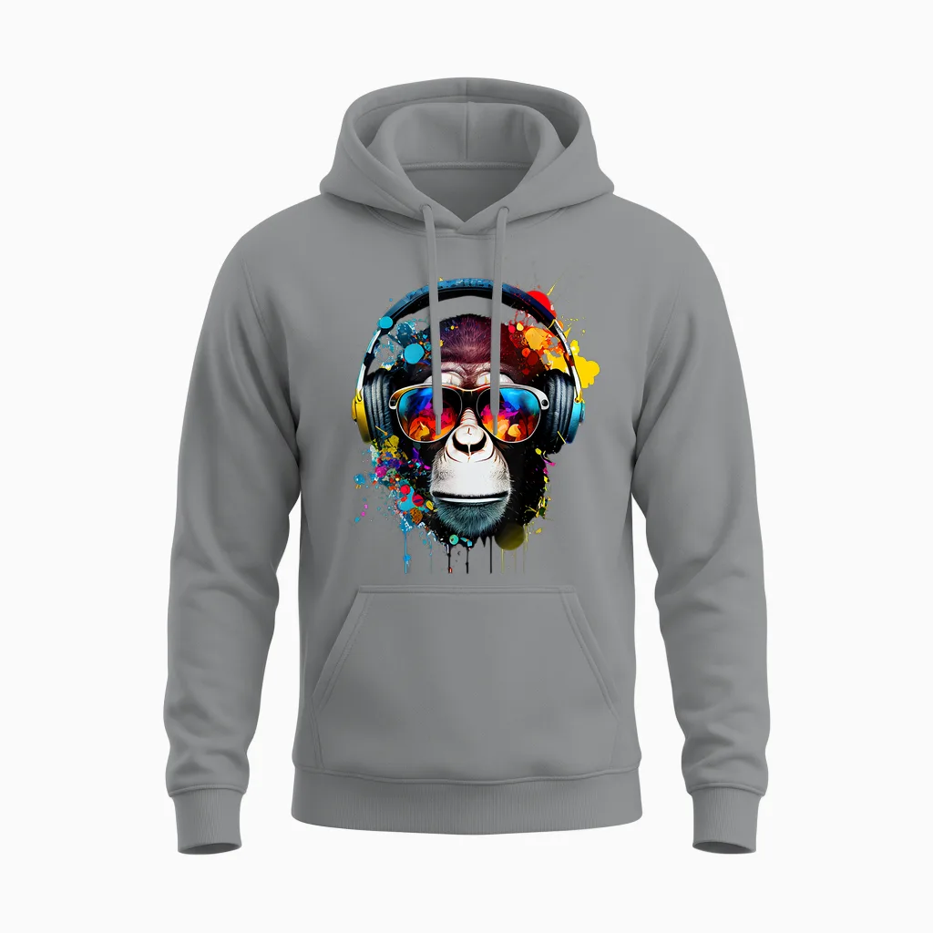 Dj Monkey Monkey with Sunglasses T-Shirt, Black Unisex Hoodie in Sport Grey