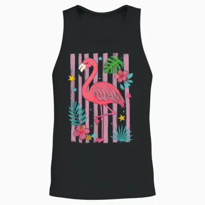Motif Flamant Rose Tropical été Floral Rayé Plage Unisex Tank Top - Black