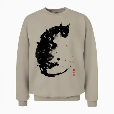 Japanese Ink Japan Anime Manga Harajuku Aesthetic Black Cat Unisex Sweatshirt - Sand